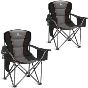 ALPHA CAMP Oversized Camping Folding Chair, Heavy Duty Support 450 LBS Steel Frame Collapsible Padded Arm Chair with Cup Holder Quad Lumbar Back, Portable for Outdoor