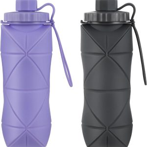 YCT Collapsible Silicone Travel Water Bottle 20oz (600ml), Reuseable Leakproof BPA Free Foldable Sports Bottle, with Carrying Strap, Dark Gray + Purple